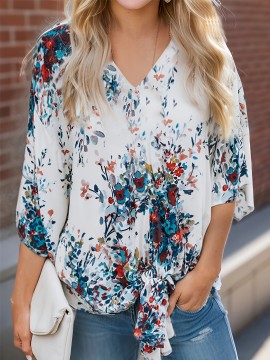Floral Print Lace Up Loose Blouse, Elegant 3/4 Butterfly Sleeve V-neck Blouse, Women's Clothing