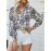 Full Print Button Front Blouse, Elegant Lapel Collar Lantern Sleeve Blouse For Spring & Fall, Women's Clothing