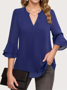 Solid Color Notched Neck Blouse, Elegant Layered Flare Sleeve Blouse For Spring & Fall, Women's Clothing