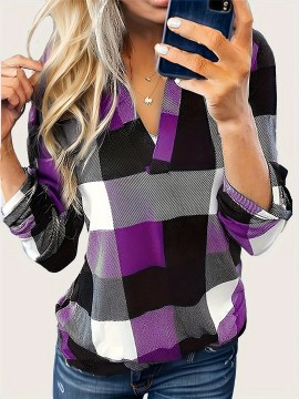 Plaid Print Notched Neck Blouse, Casual Long Sleeve Top For Spring & Fall, Women's Clothing