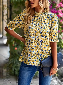 Floral Print Mock Neck Blouse, Elegant Puff Sleeve Ruched Blouse, Women's Clothing
