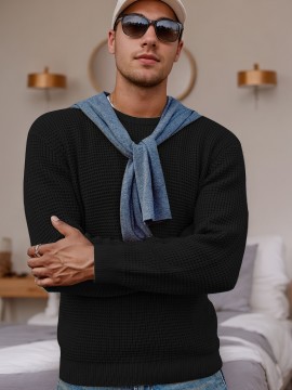 Men's crew-neck waffle texture long-sleeved knit sweater