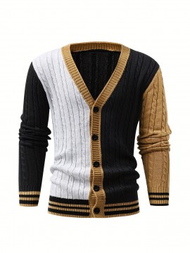 Men's Stylish Color Matching Knitted Pullover - Casual Breathable V Neck Button Up Top