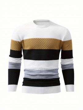 Men's Stylish Color Matching Knitted Pullover - Casual Breathable Long Sleeve Crew Neck Top
