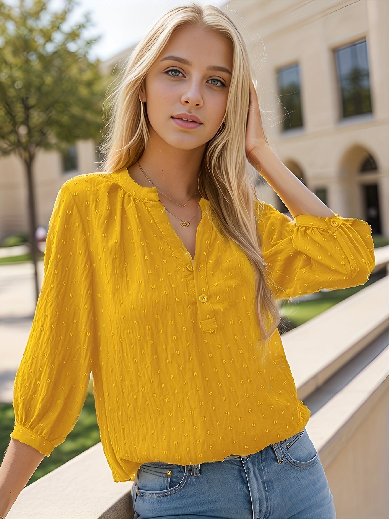 dot button notched neck blouse casual 3 4 sleeve blouse for spring summer womens clothing details 7