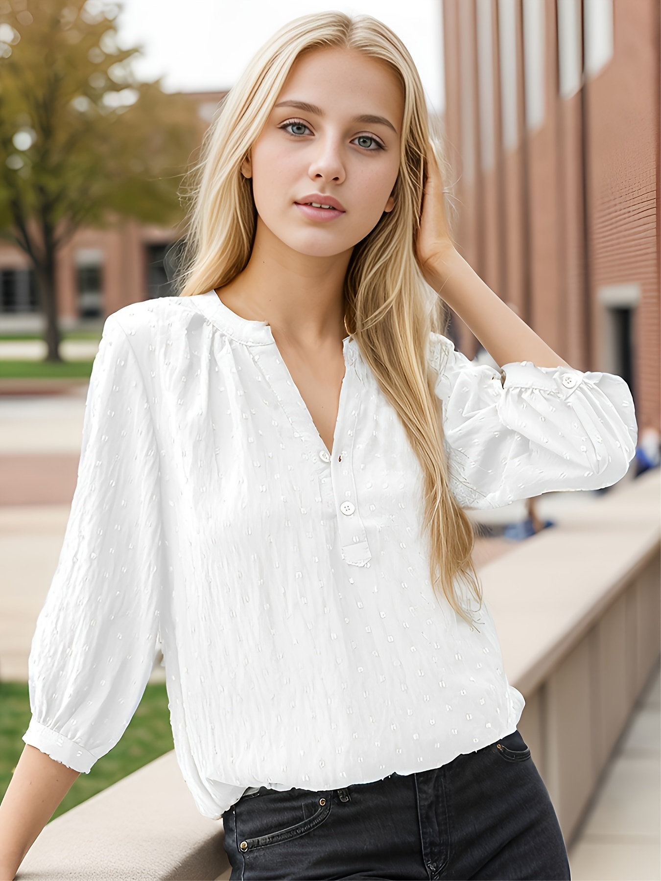 dot button notched neck blouse casual 3 4 sleeve blouse for spring summer womens clothing details 14